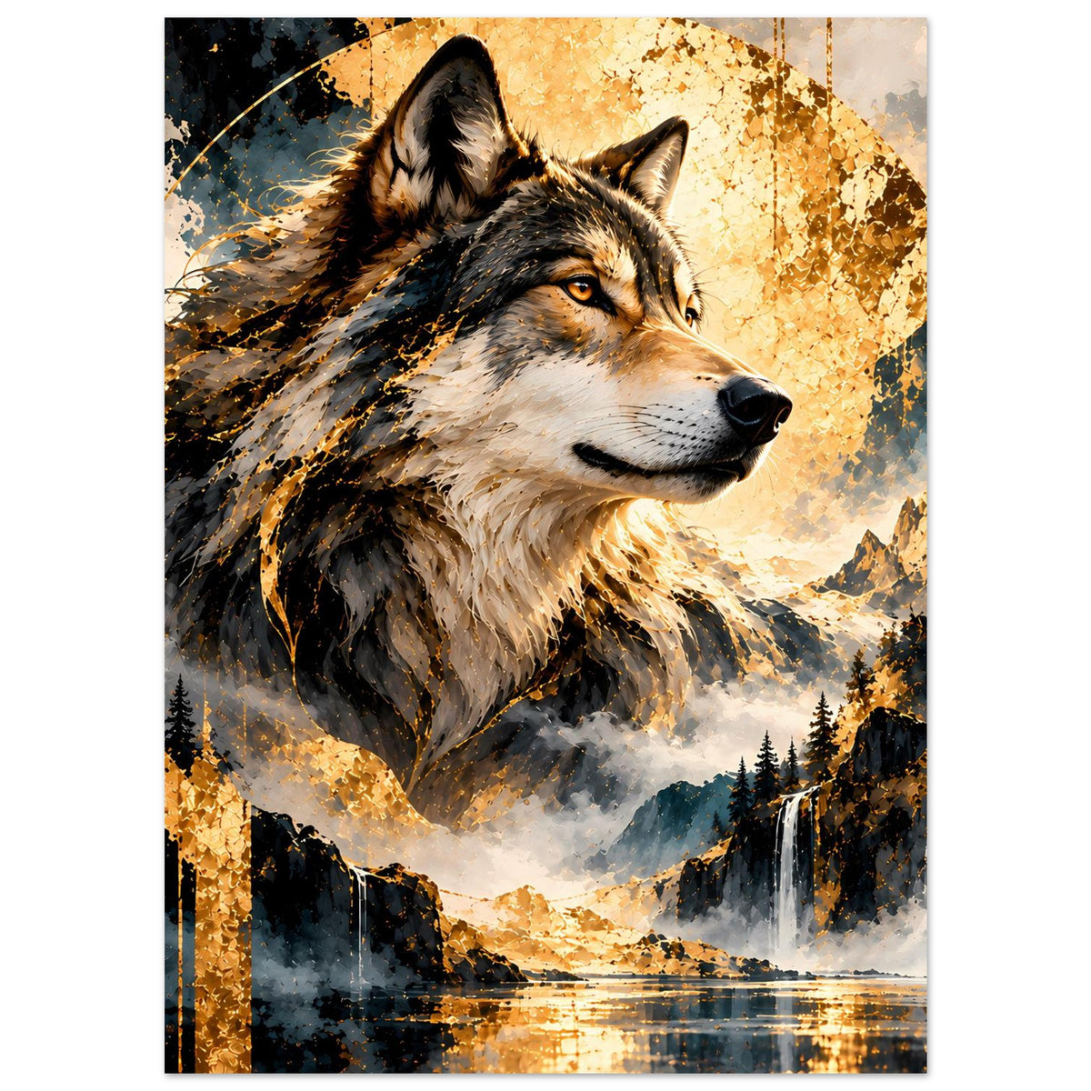 Wolfskunstposter: Wolf im Vordergrund mit Gold-Optik, Wald- und Flusslandschaft, senkrecht