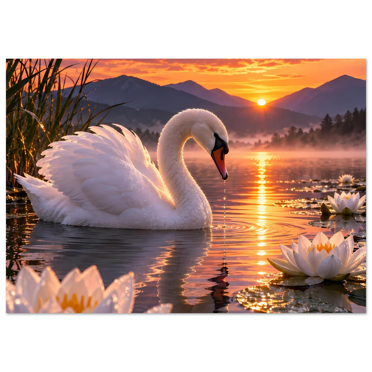Poster mit weißem Schwan auf dem See zwischen Seerosen, warme Farben bei Sonnenuntergang