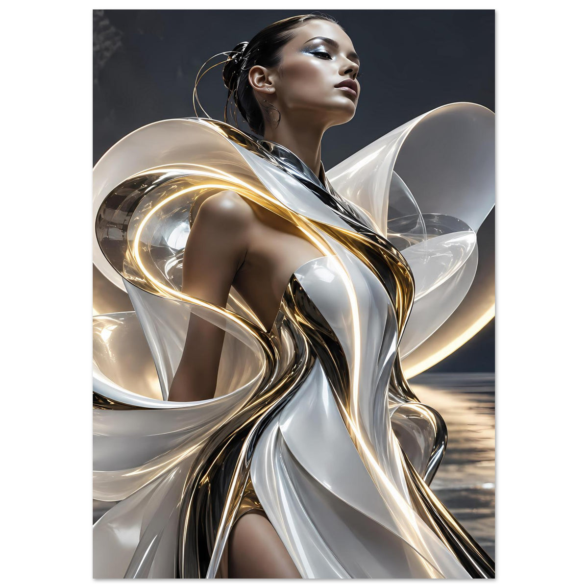 Abstraktes Poster mit silbernen Metallbändern und goldenen Akzenten, Frauenfigur im Fokus