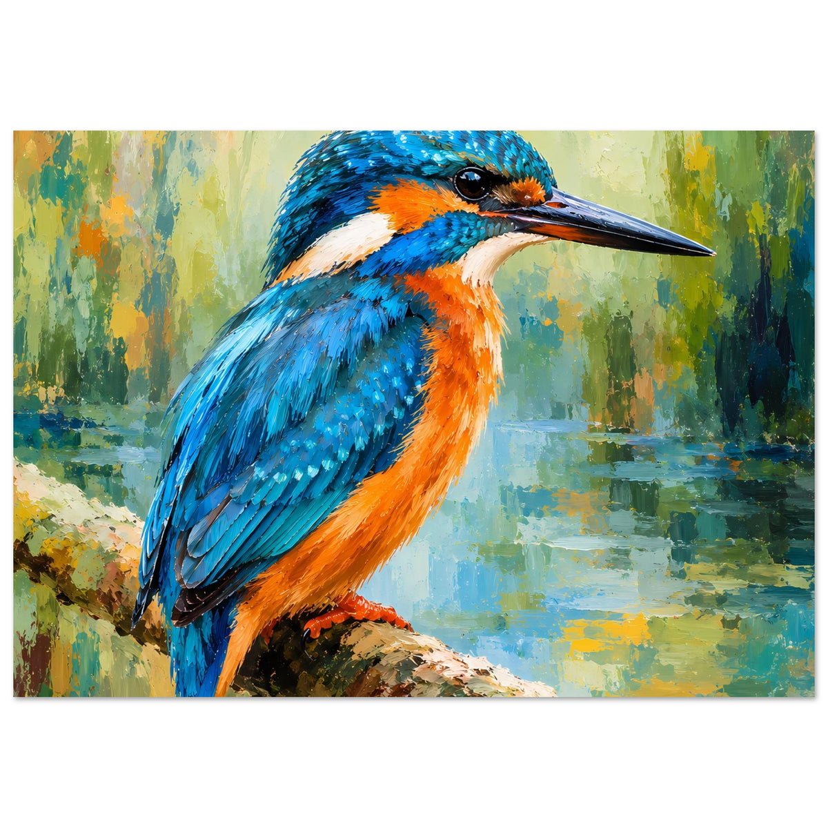 Druckposter Eisvogel, breiter Bildausschnitt mit bunter Gefiederzeichnung und Flusskulisse