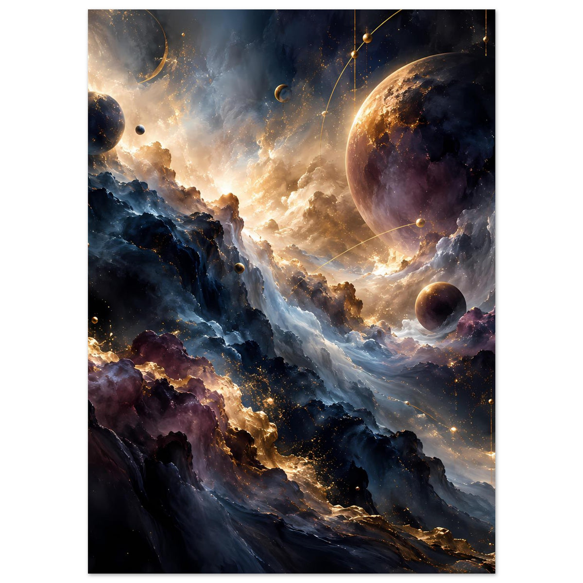 Kosmos-Kunstposter mit großem Planeten, Sternstaub und goldenen Lichtfäden im Hintergrund