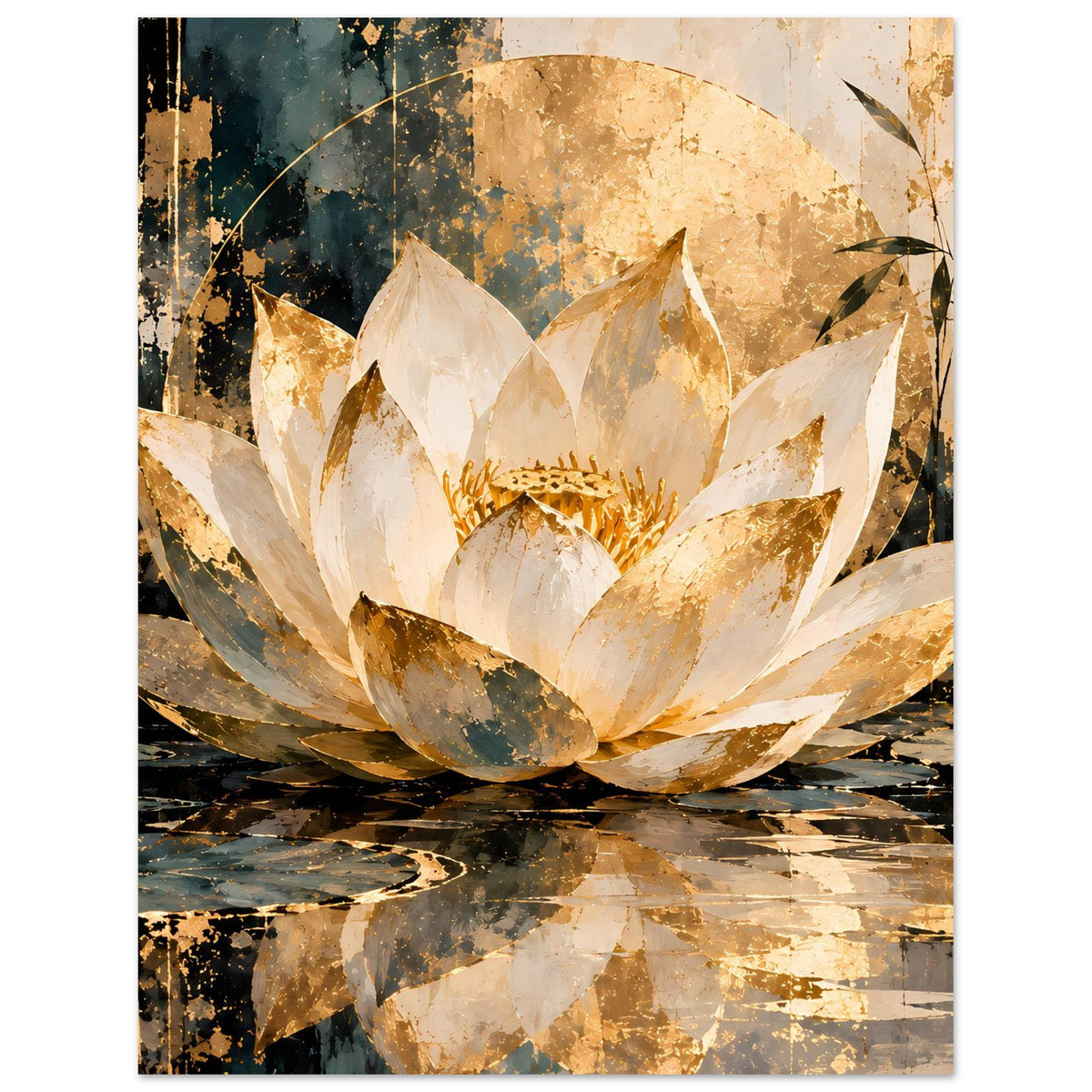Premium-Poster mit Lotusblüte im Fokus, cremefarbene Blütenblätter und goldene Sprenkeltexturen