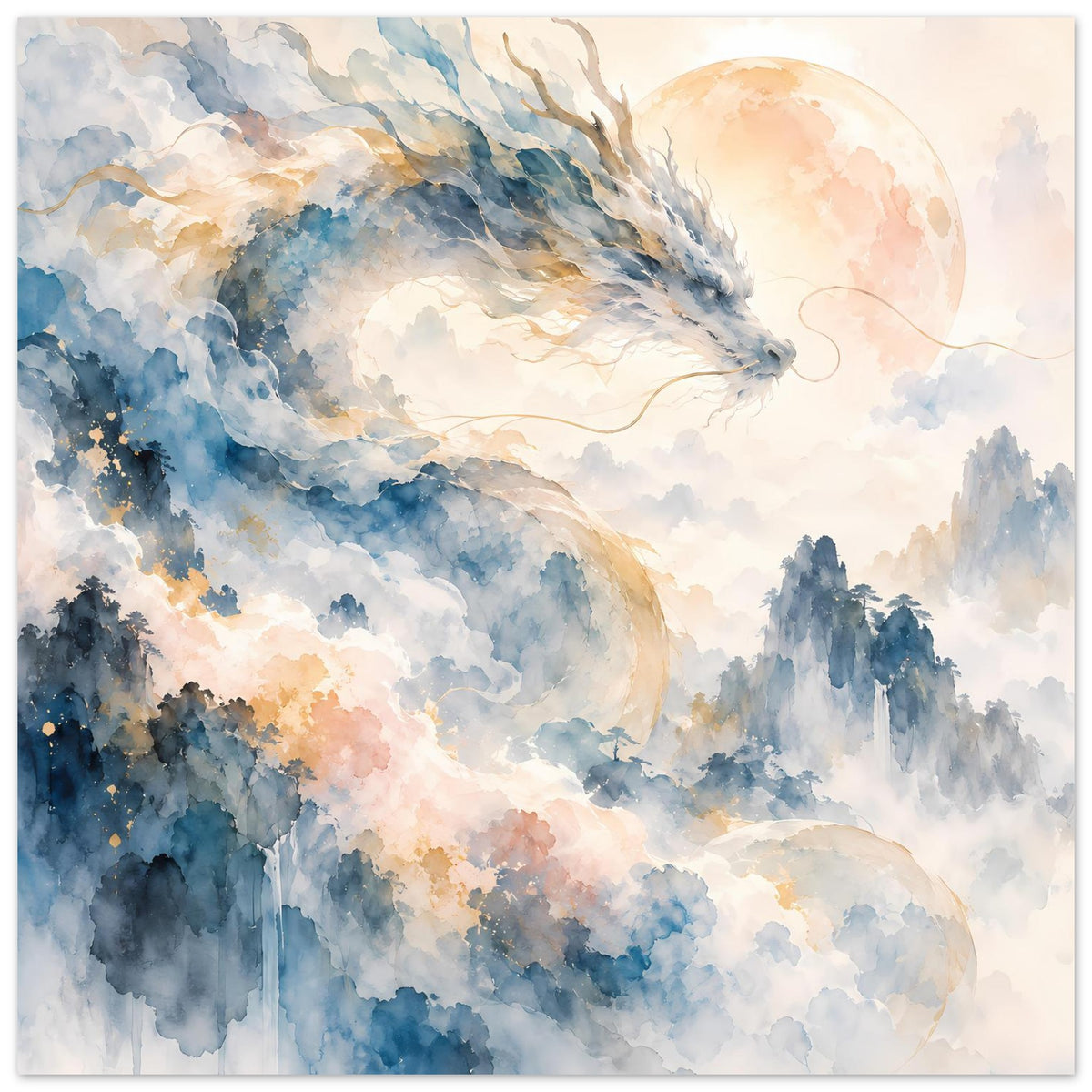 Fantasie-Aquarellposter mit Drachenkopf über nebligen Bergen und warmem Sonnenkreis