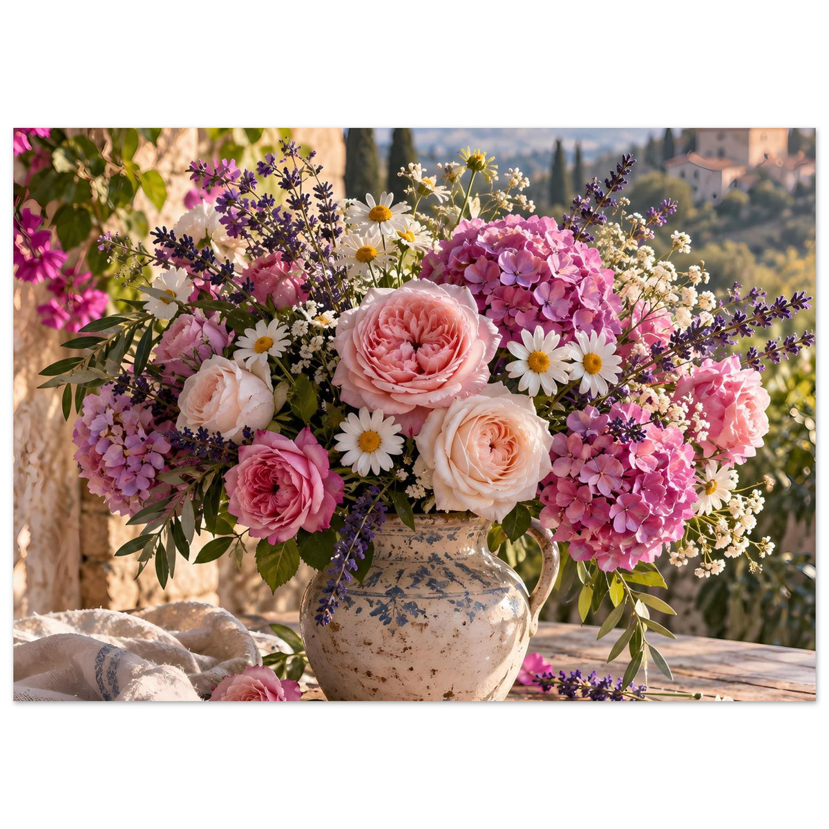 Blumenposter im Querformat mit großem Rosenblüten-Strauß und mehrfarbigen Wildblumen