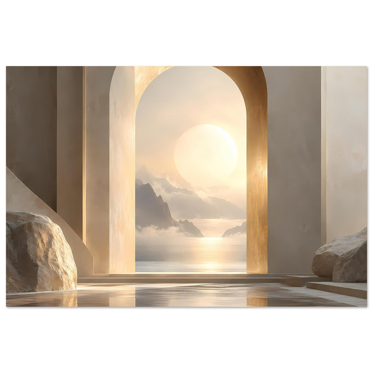 Wandposter mit goldenem Rundbogen, Sonnenaufgang über See und Bergen, spiegelndem Wasser