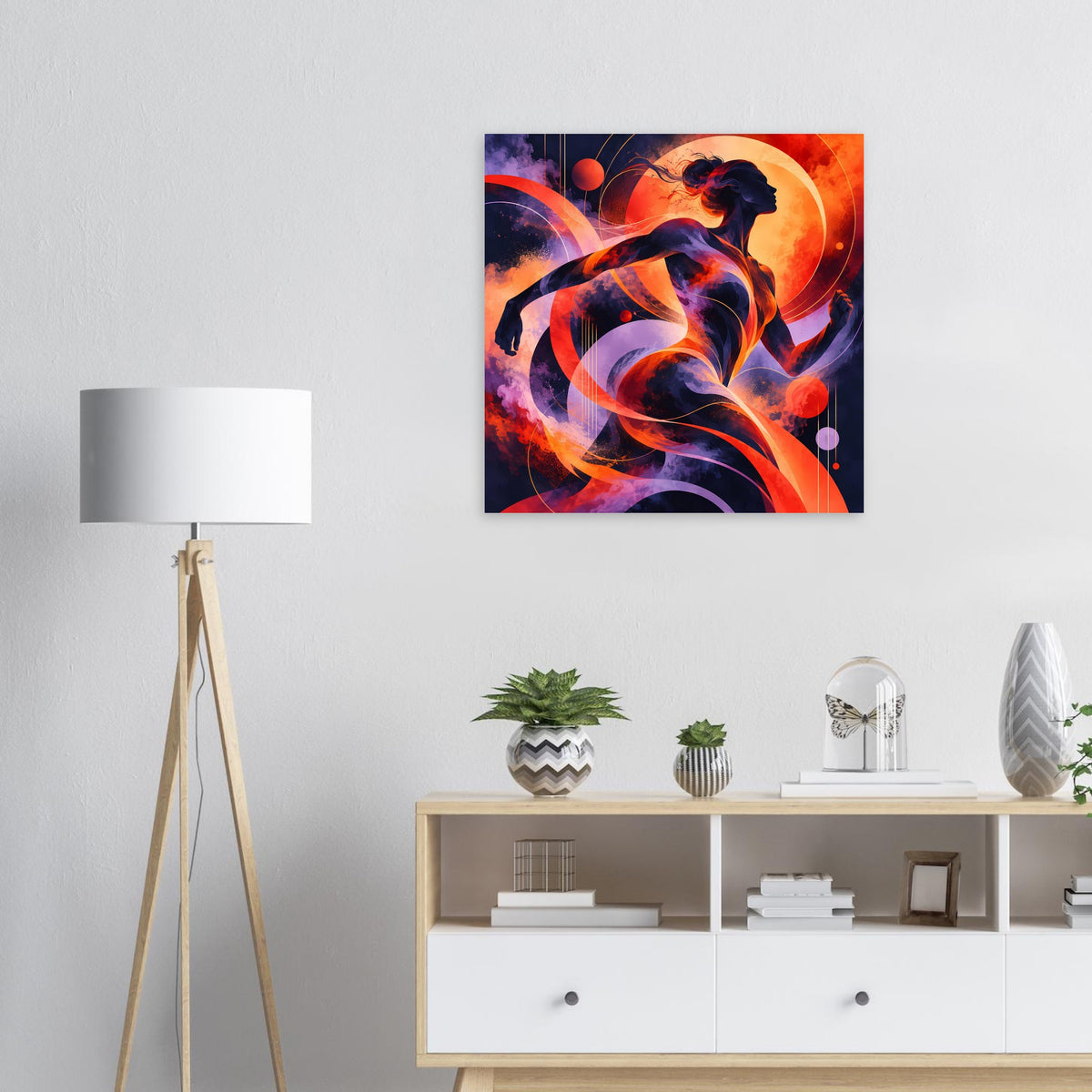 Quadratisches Poster mit Silhouette einer Läuferin in orange-blauen Farbwirbeln