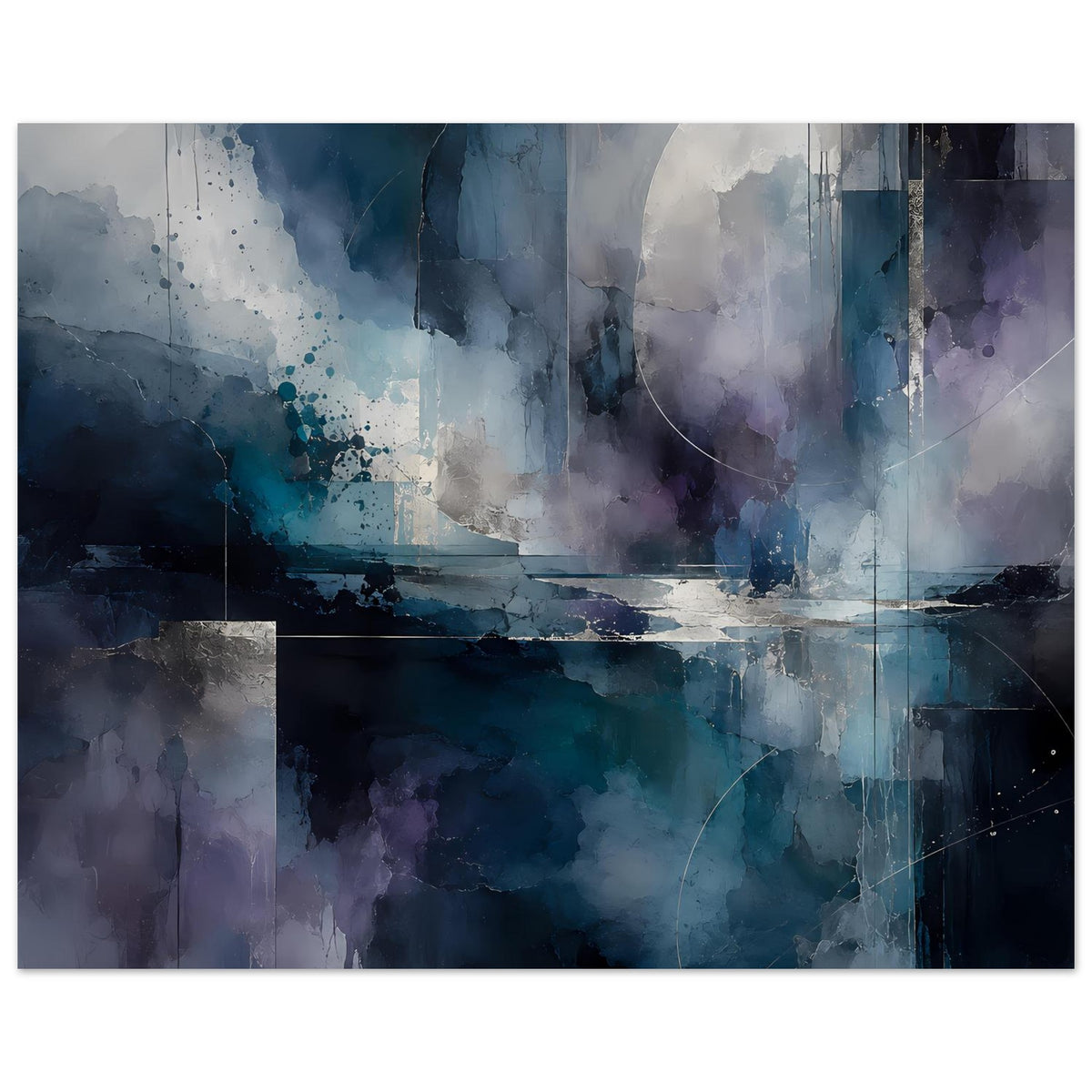 Querformatiges abstraktes Poster in Blau, Violett und Grau mit dunkler horizontaler Linie