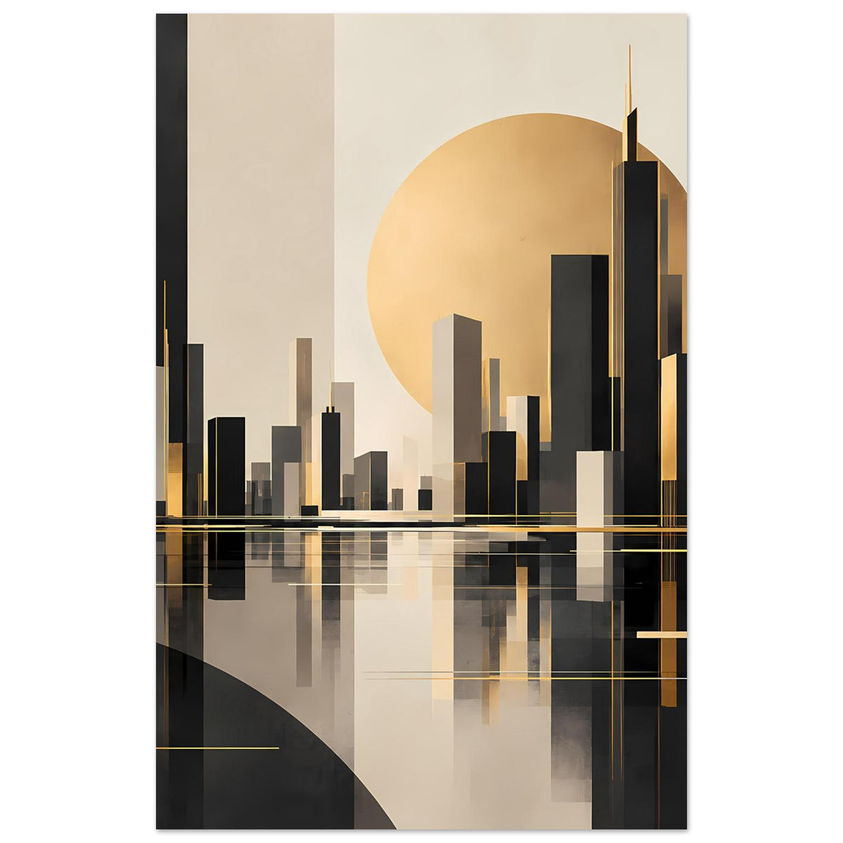 Abstraktes Stadtlandschafts-Poster: City-Skyline mit gold-schwarzen Türmen und horizontaler Reflexion