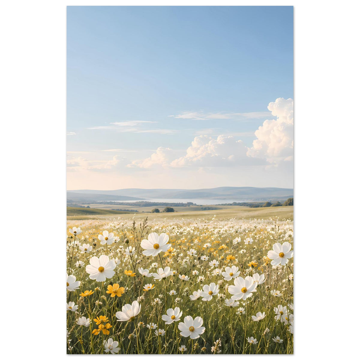 Hochkant-Poster mit Wiesenblumen, weißen Gänseblümchen und blauem Himmel