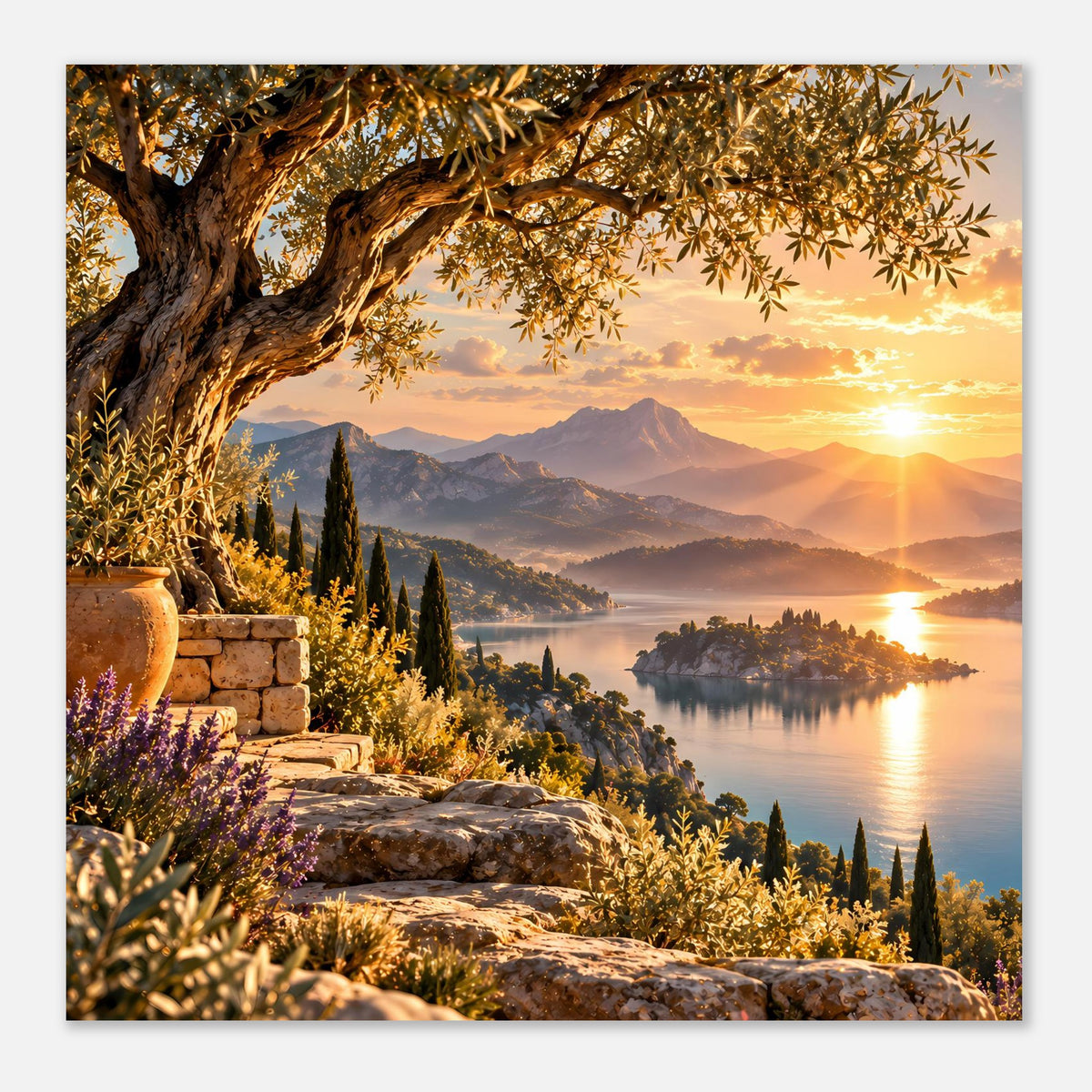 Landschafts-Poster im Querformat mit warmem Sonnenuntergang, See, Bergen und Steinmauer vorn