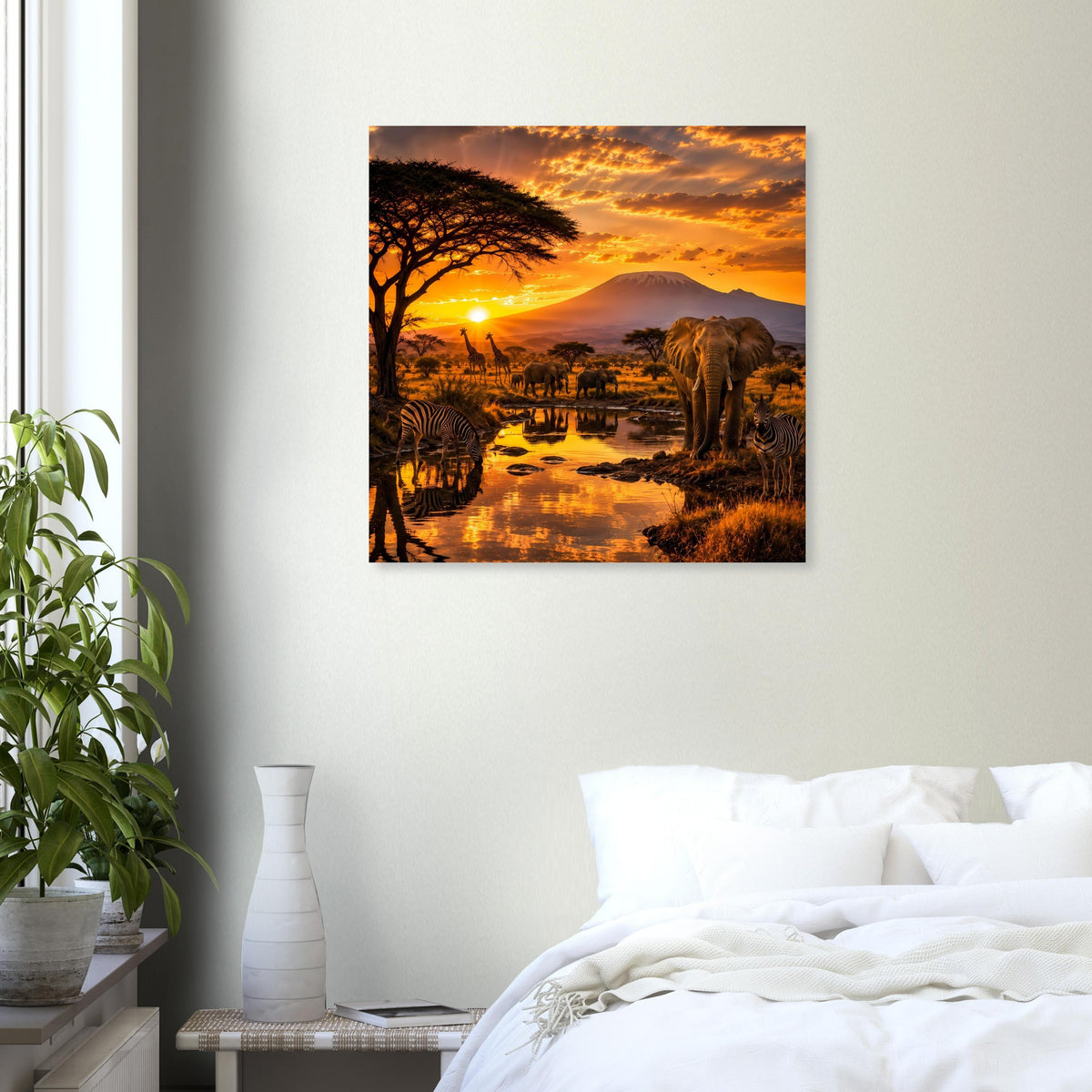 Quadratisches Poster der afrikanischen Savanne mit Tierwelt und Sonnenuntergang