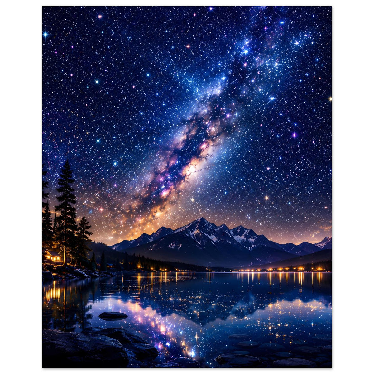 Poster im Hochformat mit Sternenhimmel, Milchstraße und Bergsee-Reflexion