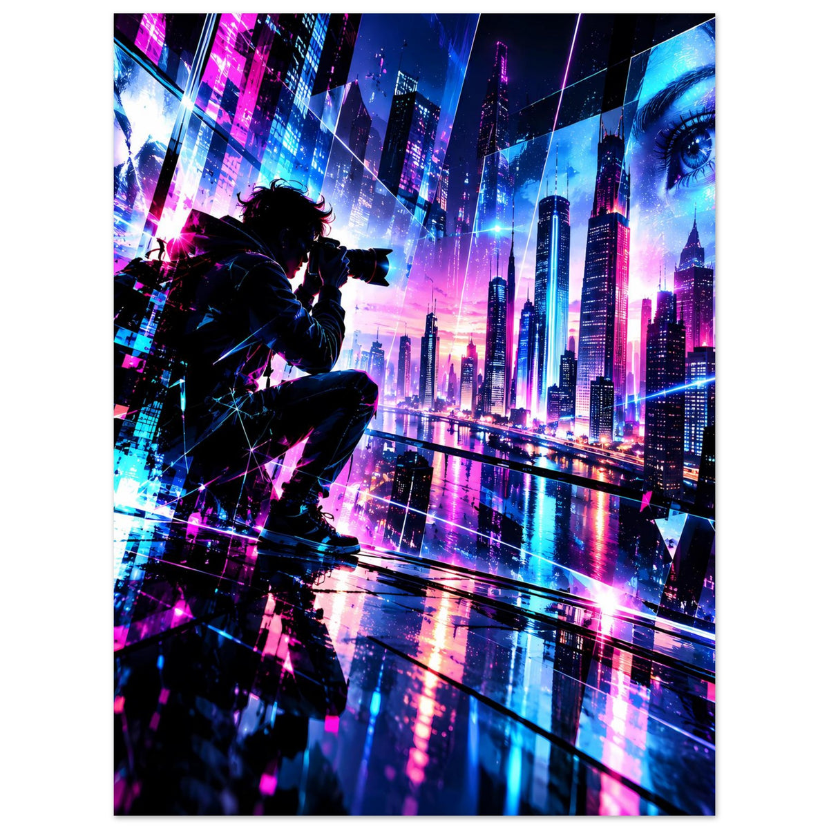 Cyberpunk-Stadtposter mit Schützen-Silhouette, Neonhochhäusern und großem Gesichtauge
