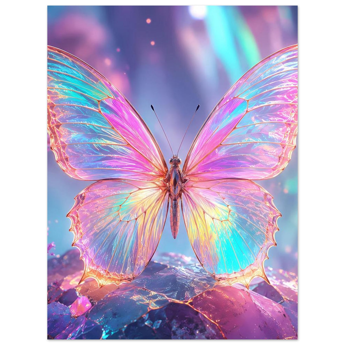 Quadratisches Fantasy-Poster: farbintensiver Regenbogen-Schmetterling zwischen Kristallen.
