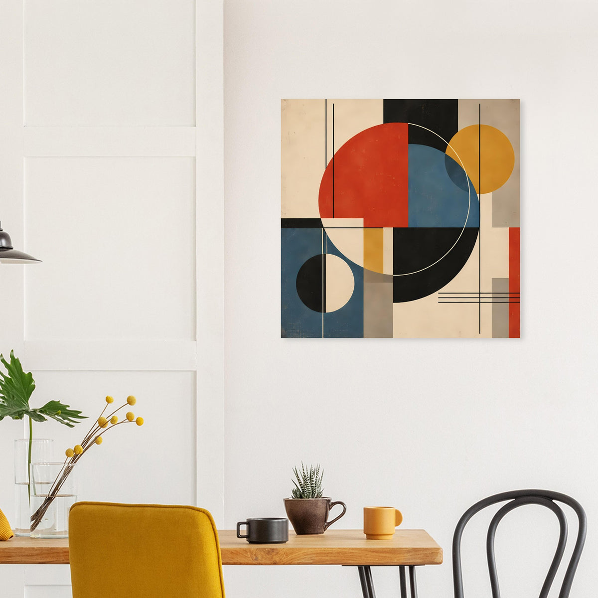 Geometrischer Poster-Druck mit Kreis- und Rechteckformen in Rot, Blau, Beige, Schwarz
