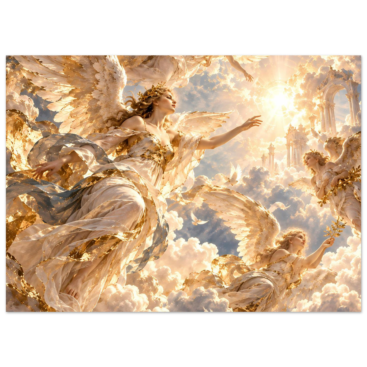 Horizontaler Engelprint auf Premium-Mattposter mit goldenen Flügeln, Gewandfalten und Wolken