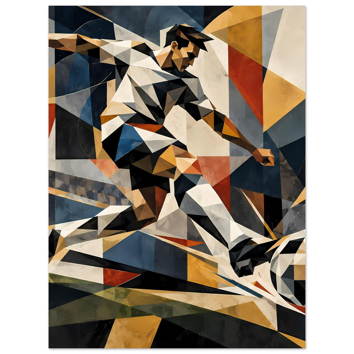 Abstraktes Poster: dynamischer geometrischer Fußballspieler, kantige Flächen, Fußball im Bild