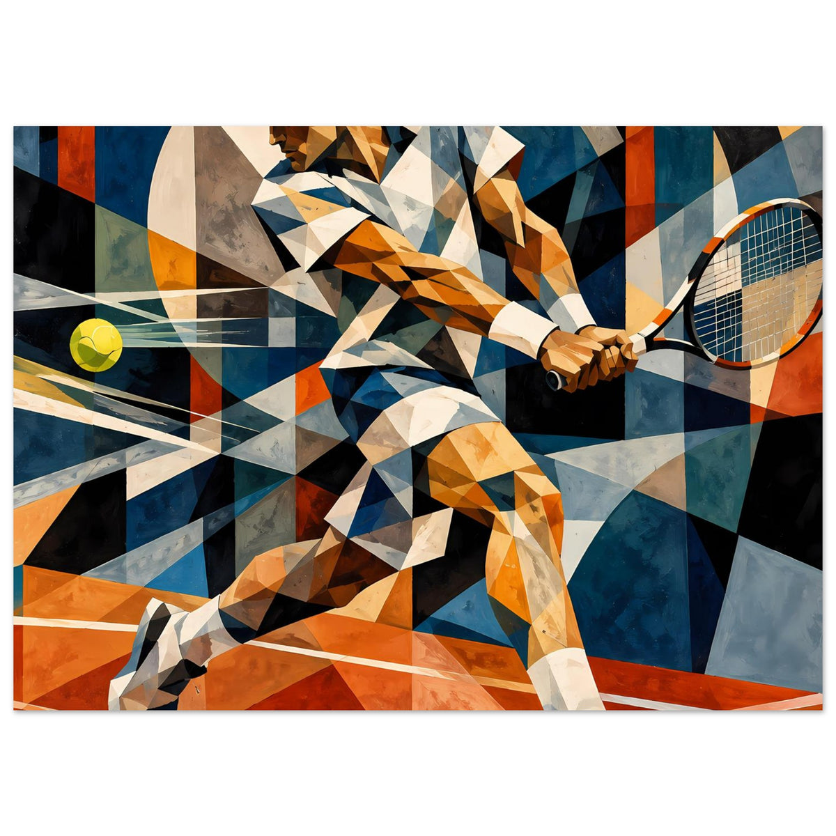 Kunstposter mit abstraktem Tennisspieler, Schläger und Ball, dynamische Geometrie