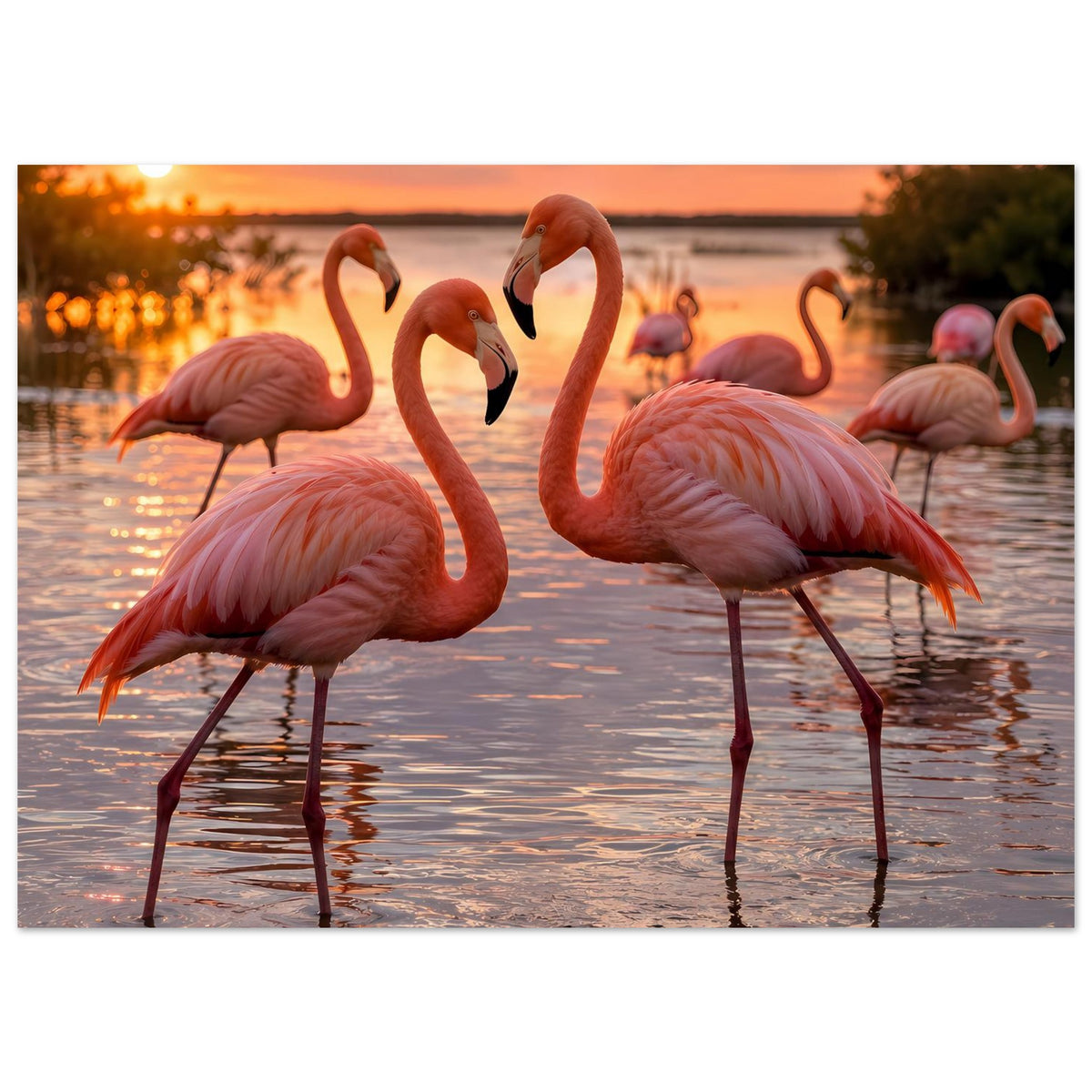 Poster mit Flamingos am See bei Sonnenuntergang, Querformat