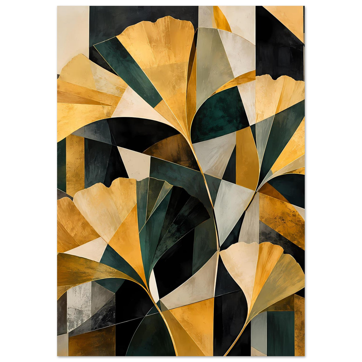 Abstraktes Floral-Poster im Hochformat mit goldenen und tiefgrünen Blütenformen