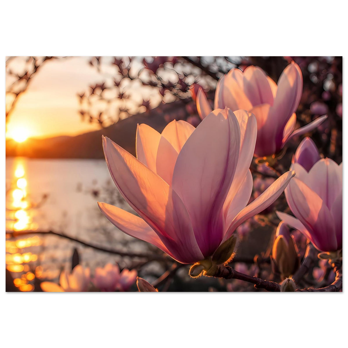 Magnolienblüten-Poster im Querformat: lila-rosa Blüten und orangefarbene Akzente am Zweig