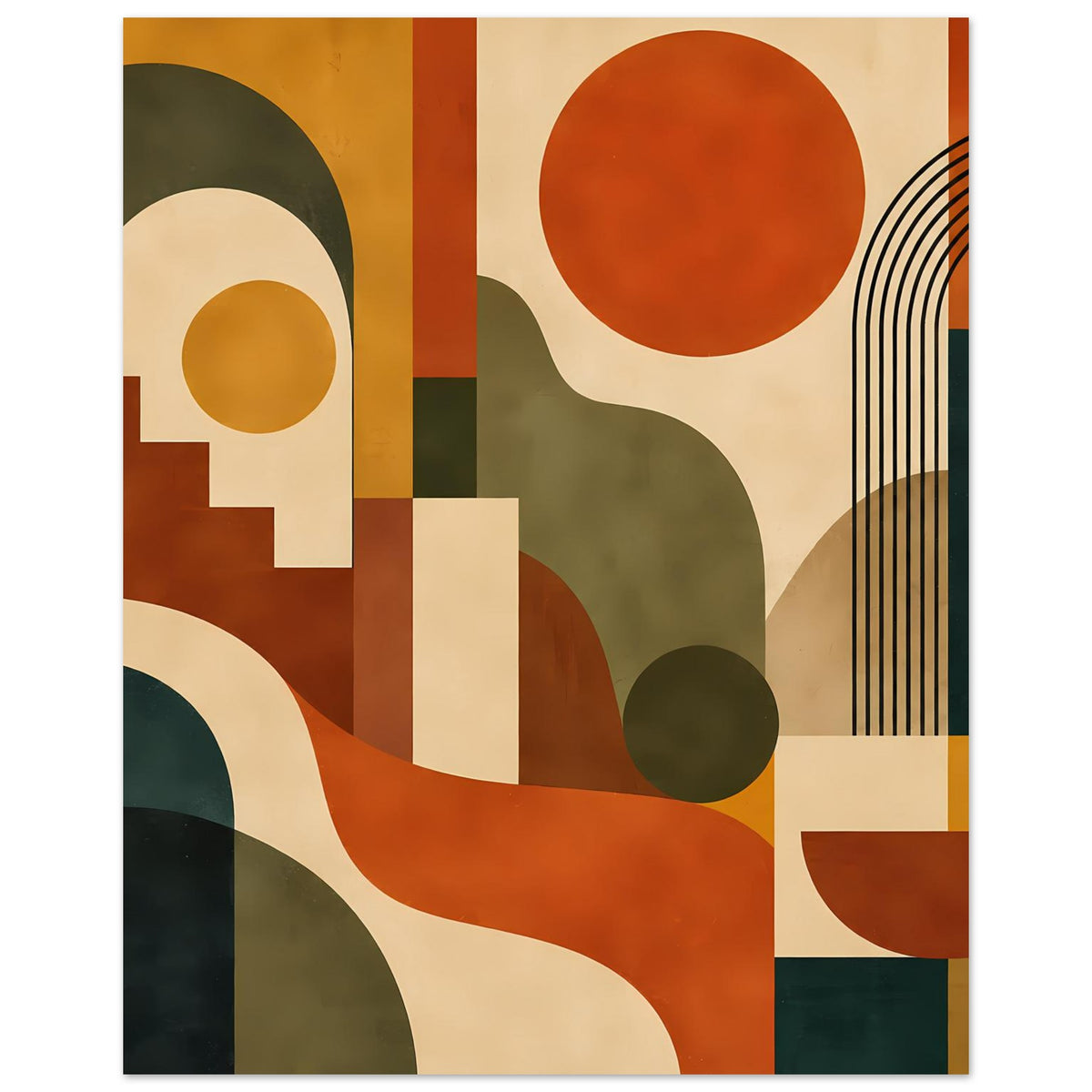Abstraktes Poster in warmen Tönen mit großen Kreisen, Blockformen und vertikalen Linien