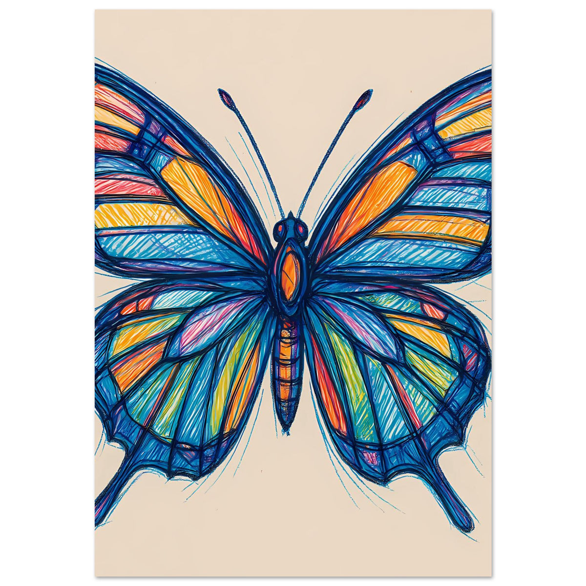 Schmetterlings-Kunstposter, hochformatig, farbiger Schmetterling mit gestreiften Flügeln