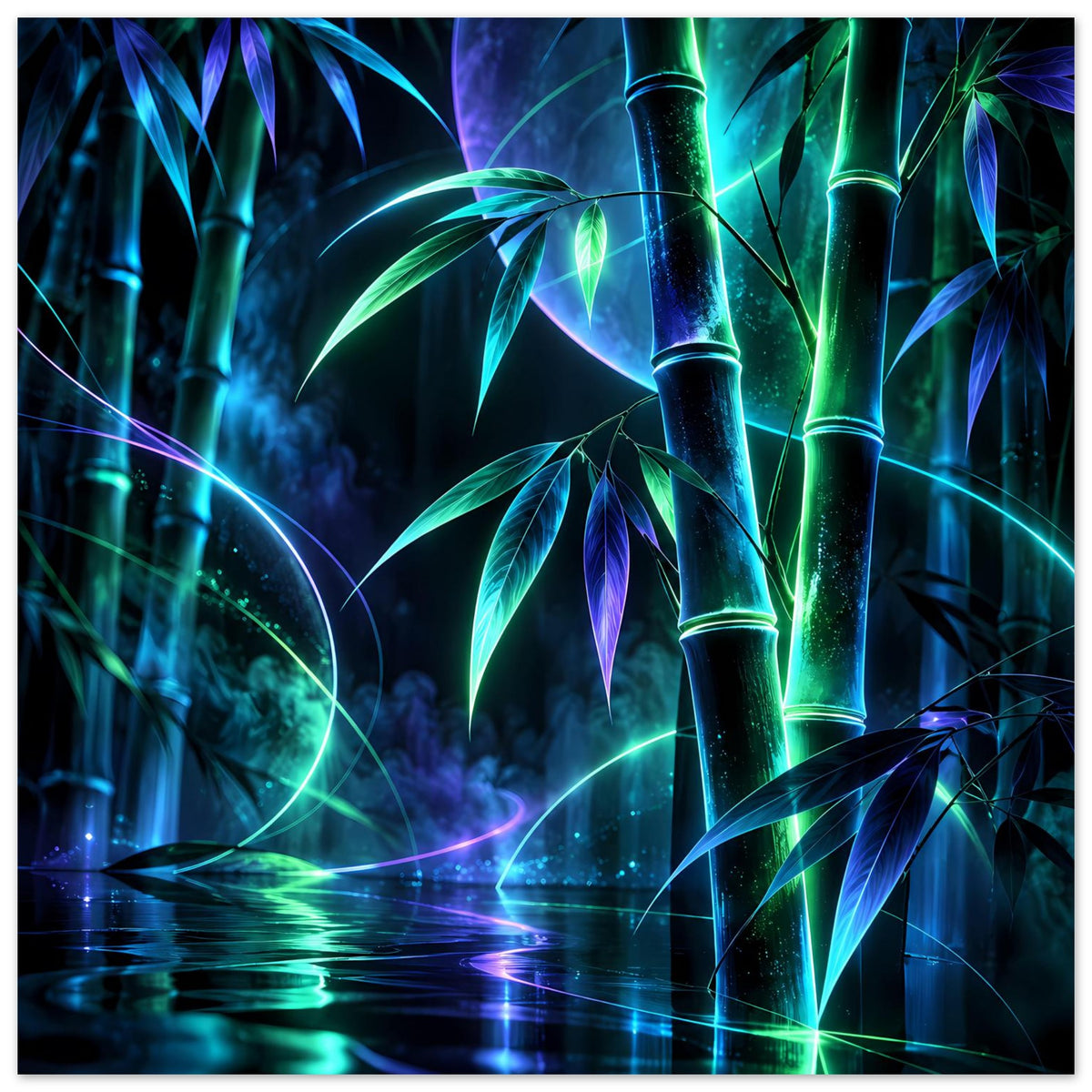 Leuchtendes Neon-Bambusposter, horizontal: leuchtende Bambusblätter und -rohre in Blau/Grün