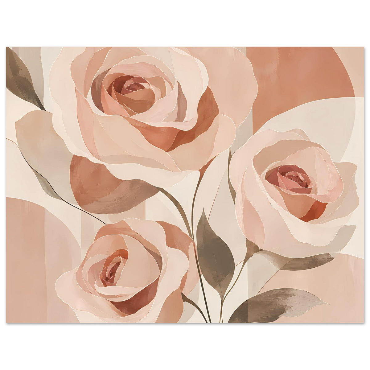 Rosenposter mit drei Rosenblüten in Pfirsich und Rosa, umrahmt von cremeweißen Blütenflächen