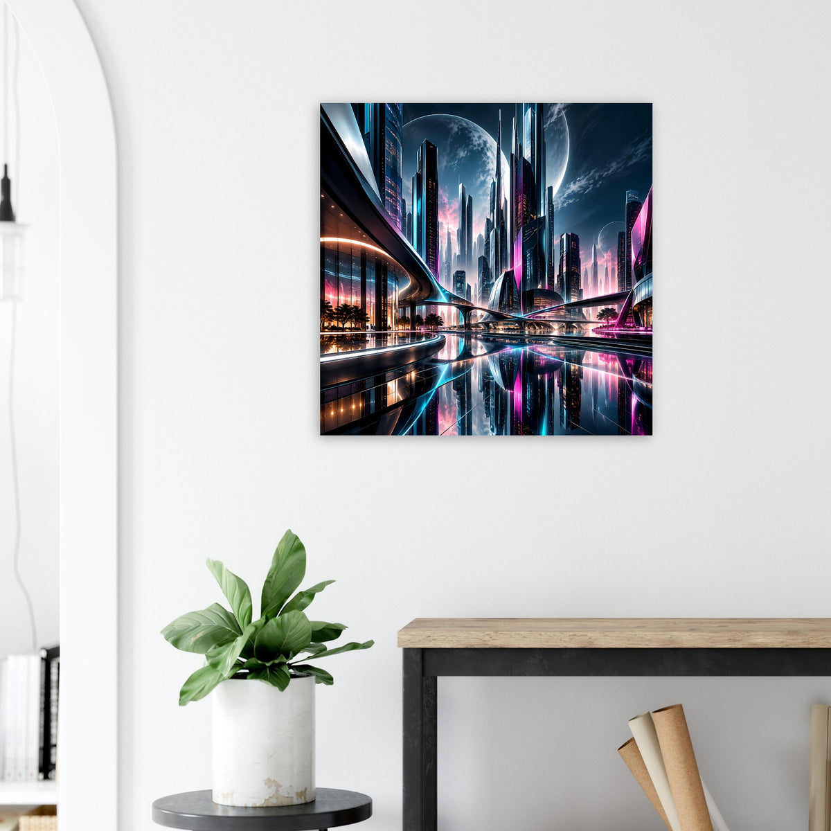 Neon-Stadtposter mit futuristischer Skyline und blau-violetten Neonbahnen