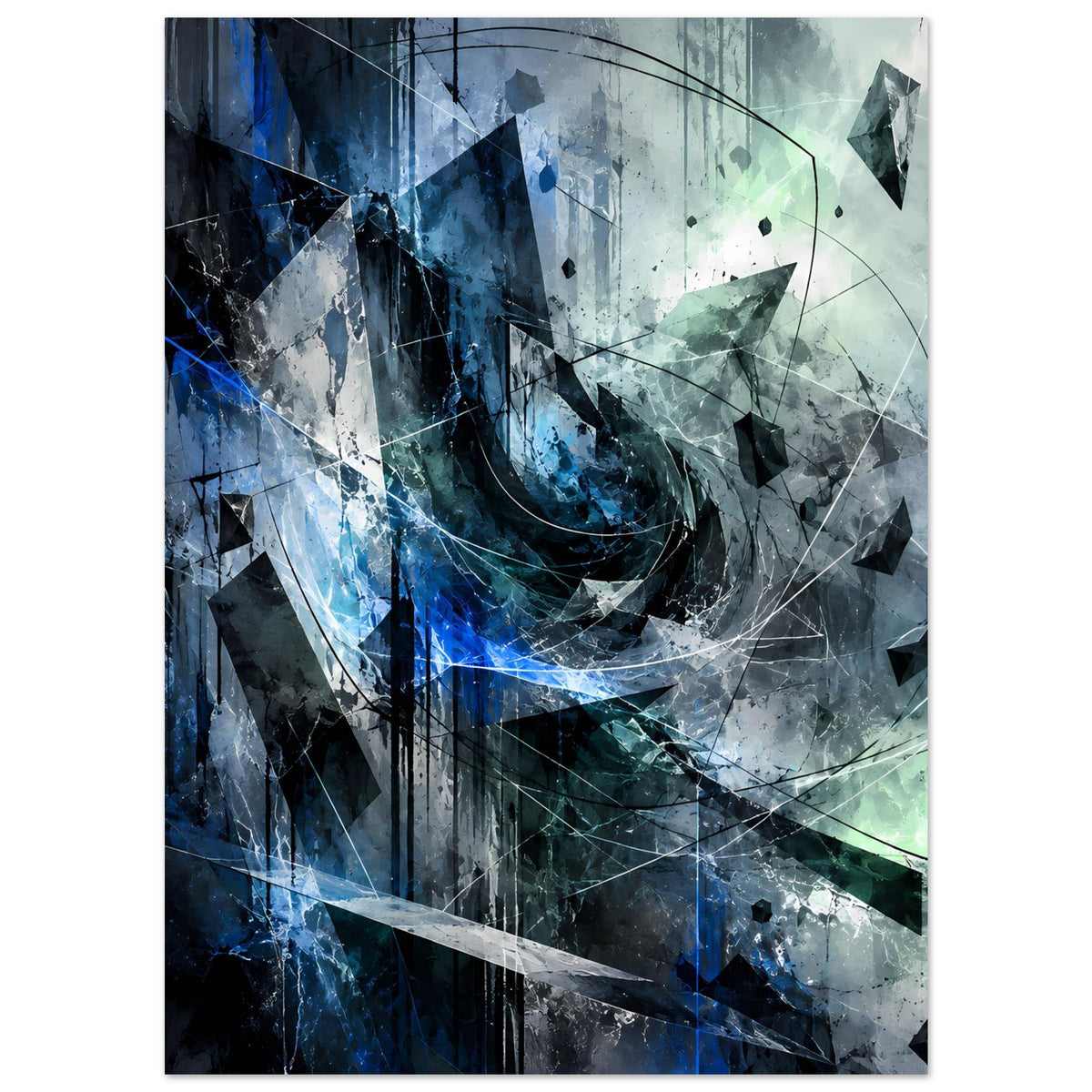 Abstraktes Kunstposter, zerrissene Flächen in Blau und Grau mit grünlichem Highlights