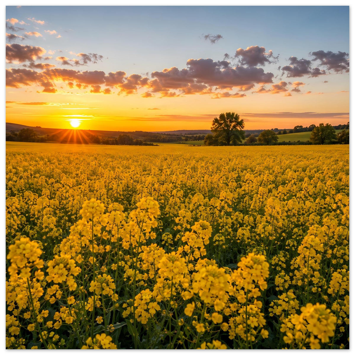 Landschaftsposter: gelbes Blütenmeer bei Sonnenuntergang mit tiefen Wolkenschatten