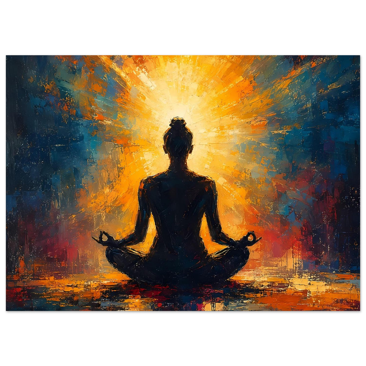 Poster im Querformat mit Meditationsfigur in der Mitte, orange-goldene Strahlen, farbige Spritzer