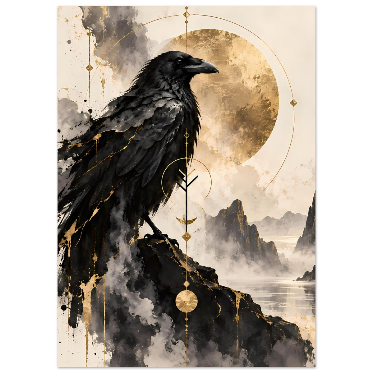 Vogelkunst-Poster mit schwarzem Raben, goldenen Ketten und rundem Dekor im Hintergrund