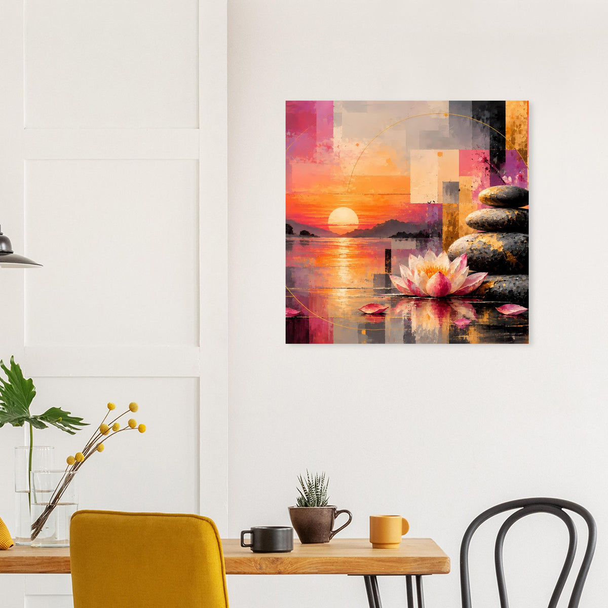 Quadratisches abstraktes Poster mit orange-violettem Himmel, Lotus und Steinstapel, grafische Blöcke