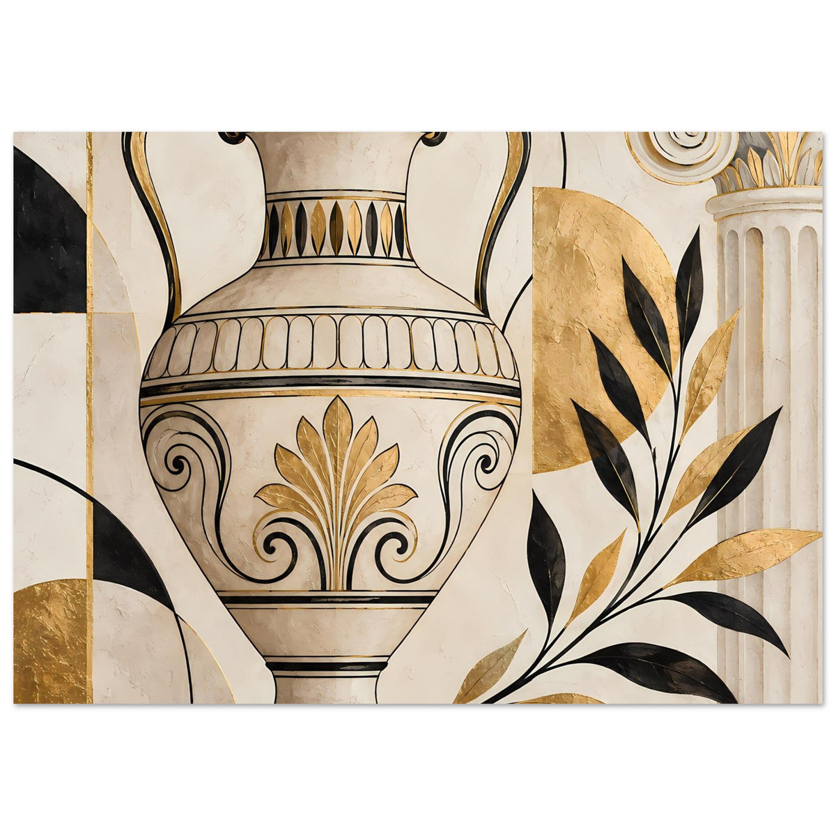 Wandposter mit Vase/Amphore, gold-schwarzes Ornament und großem Blattmotiv rechts.