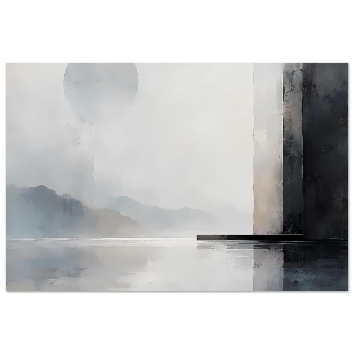 Monochromer Landschaftsposter mit Berglandschaft, Halbmond-Form, horizontalen Pinselstrichen und dunklem Balken