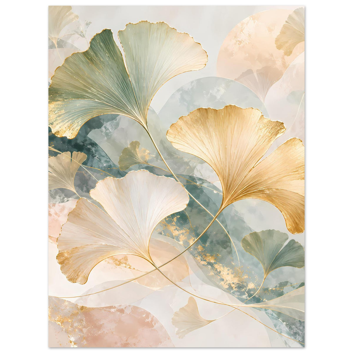 Hochformat-Poster mit Ginkgo-Blättern in Goldtönen, Türkis und Creme, Linien im Fokus