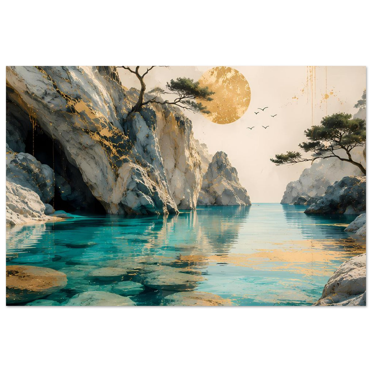 Hochformatiges Poster: Küstenbucht mit Felswänden, klarem türkisblauem Wasser, goldener Sonne/Mond.