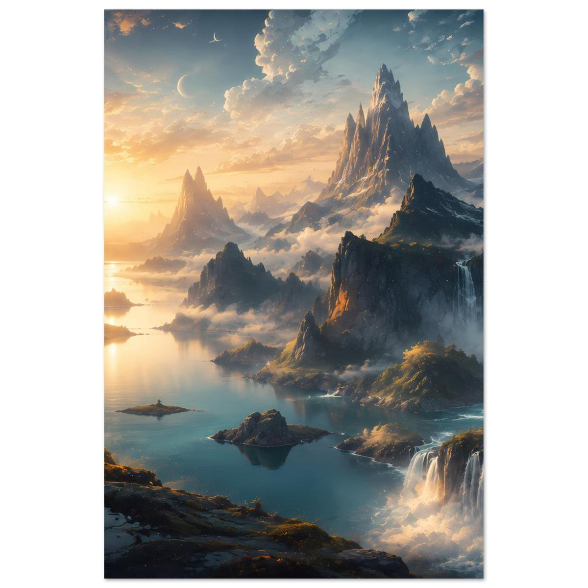 Landschafts-Poster mit Gipfelmassiven, ruhigem See und Wasserfall am rechten Rand