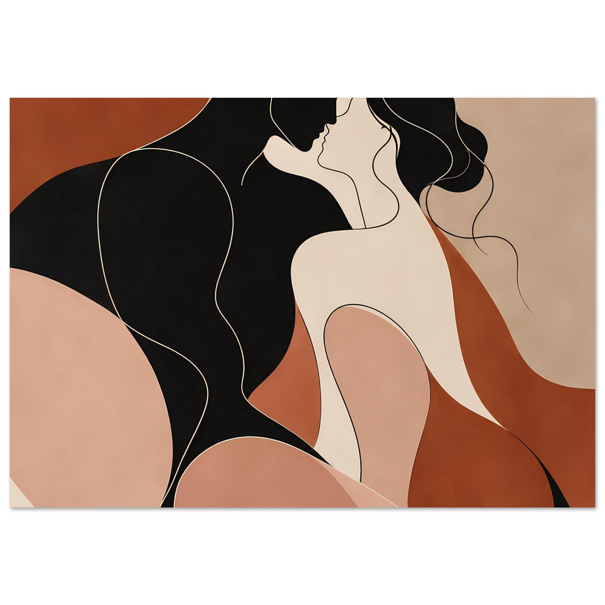 Abstraktes Liebespaar-Poster, horizontal, stilisierte Figuren in Schwarz, Beige und Rostrot