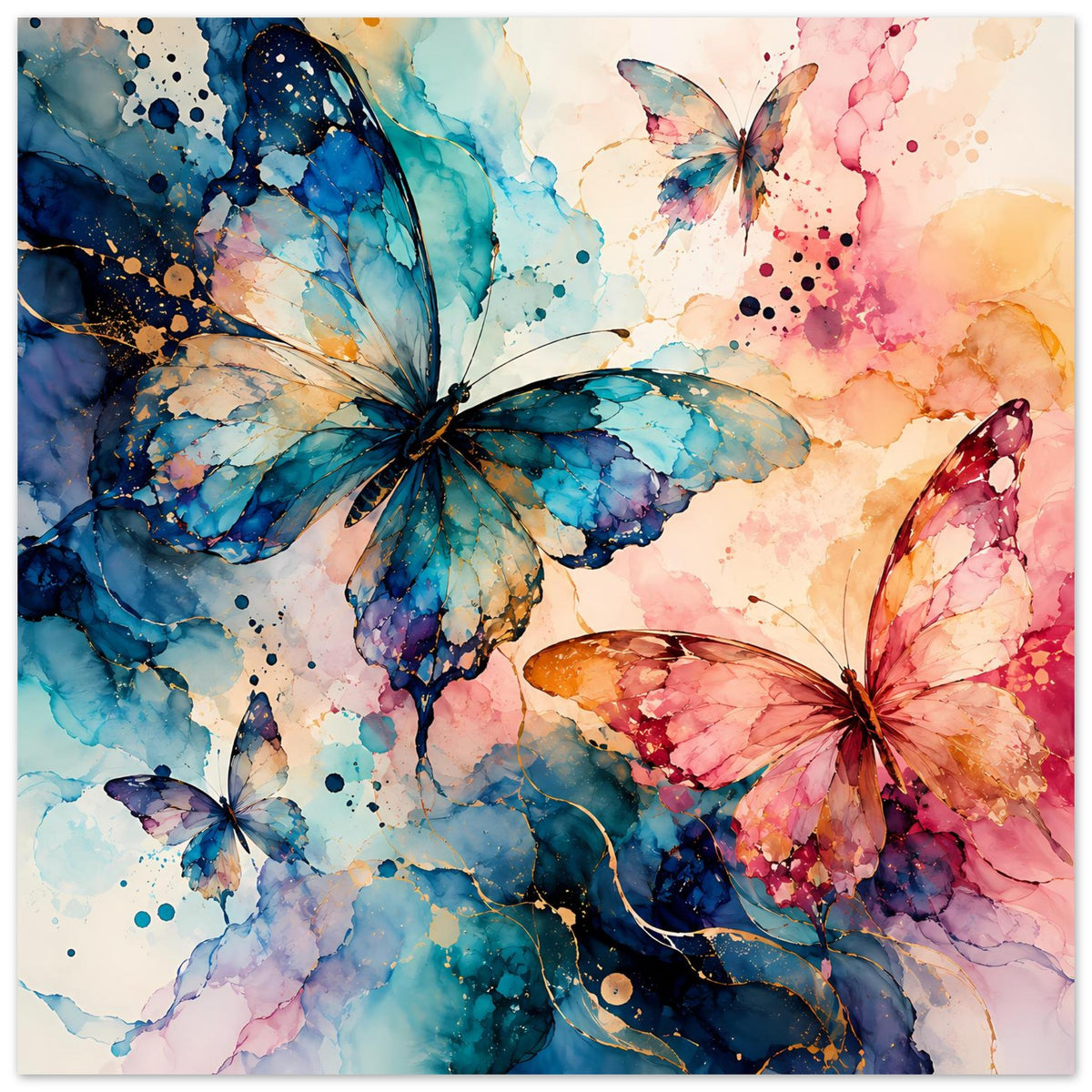 Naturposter mit Aquarell-Schmetterlingen: blaues Motiv links, rotes Motiv rechts, Punkte und Farbverläufe