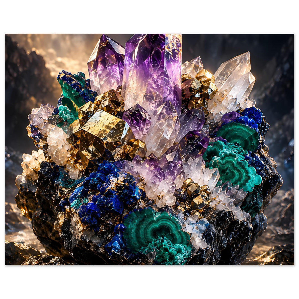 Kristallposter: violett-lila Amethystkristalle, türkisgrüne Malachit-Adern und goldene Einschlüsse.