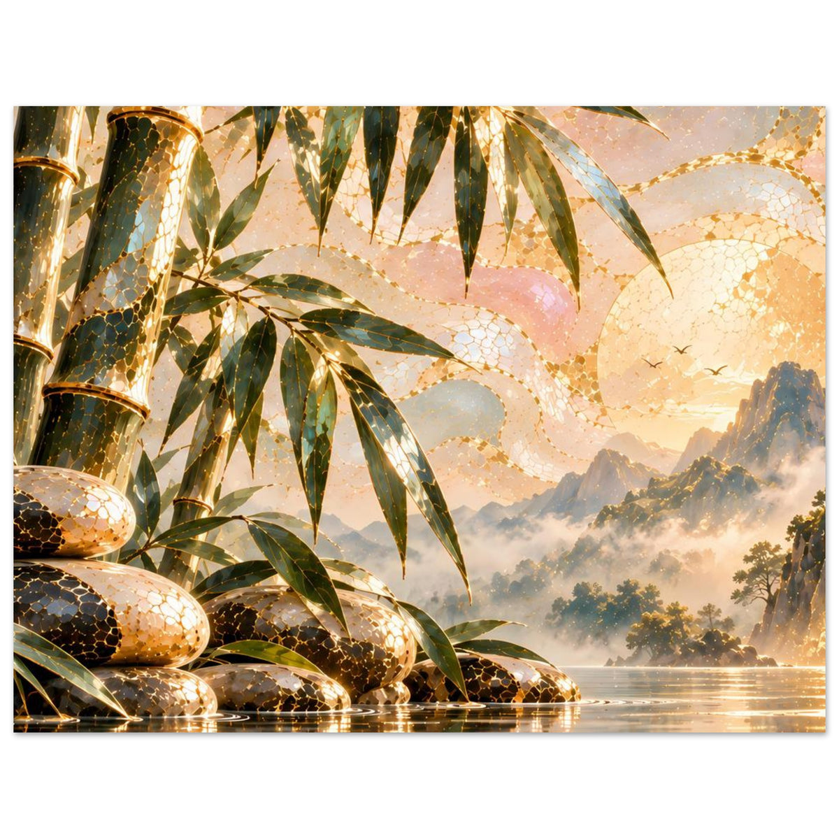 Poster mit goldenem Bambus, Zen-Steinen und Wasseroberfläche vor nebligen Bergen