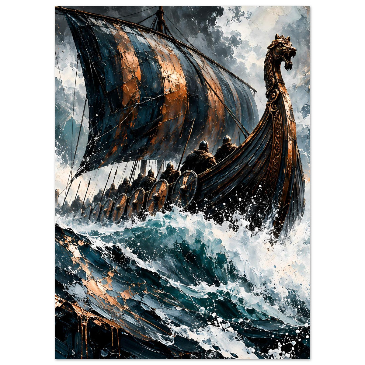 Vertikales Poster: Langschiff auf aufgewühlten Wellen, Rudermänner, Sprühgischt, Segelleinen