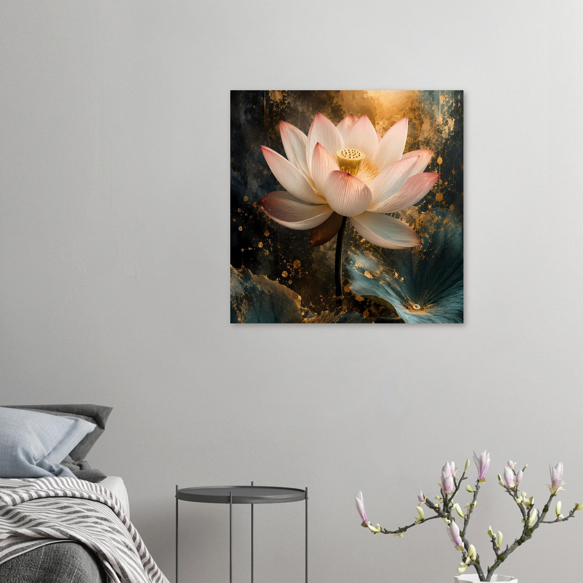 Poster mit weißer Lotusblüte, goldenen Details und petrolfarbenem Hintergrund