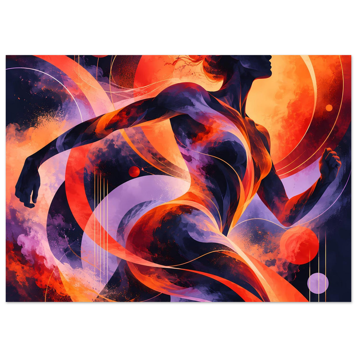 Horizontales Premium-Poster: Feuer-Comicfrau mit dramatischem Profil, abstrakte Formen in Rot und Blau.