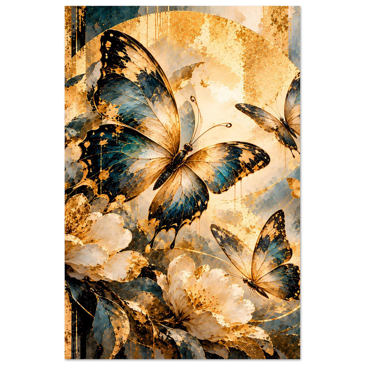 Schmetterlings-Poster mit gold-blauem Schmetterlingsmotiv, mehrfarbig, vertikal
