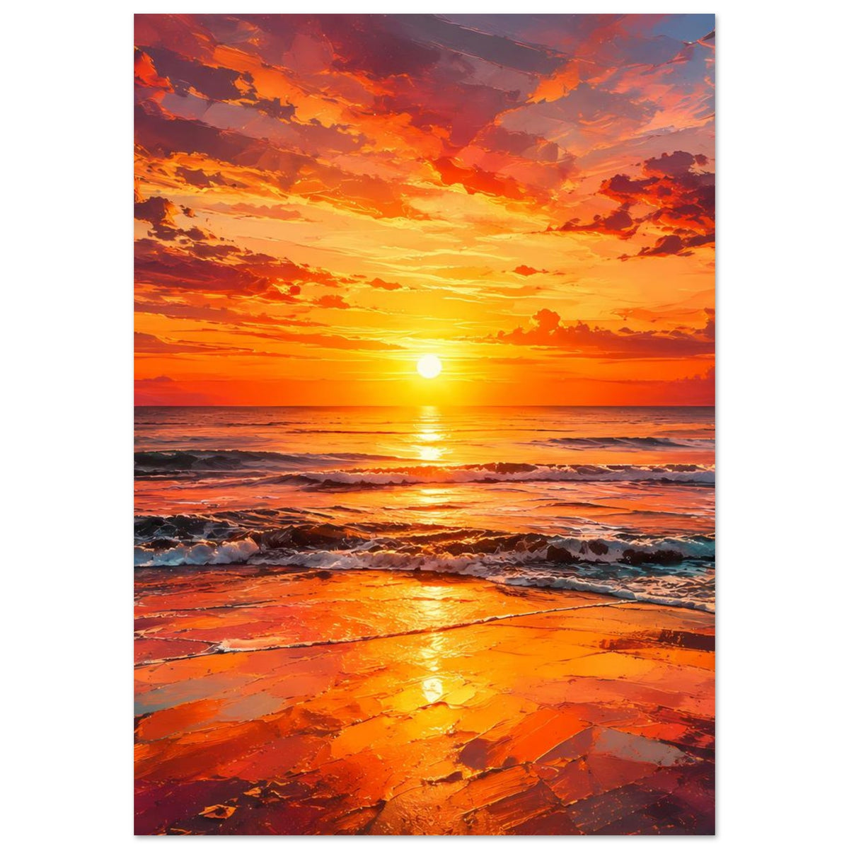 Hochformatiges Poster mit Sonnenuntergang über dem Meer, leuchtend orange Farben und schäumende Wellen