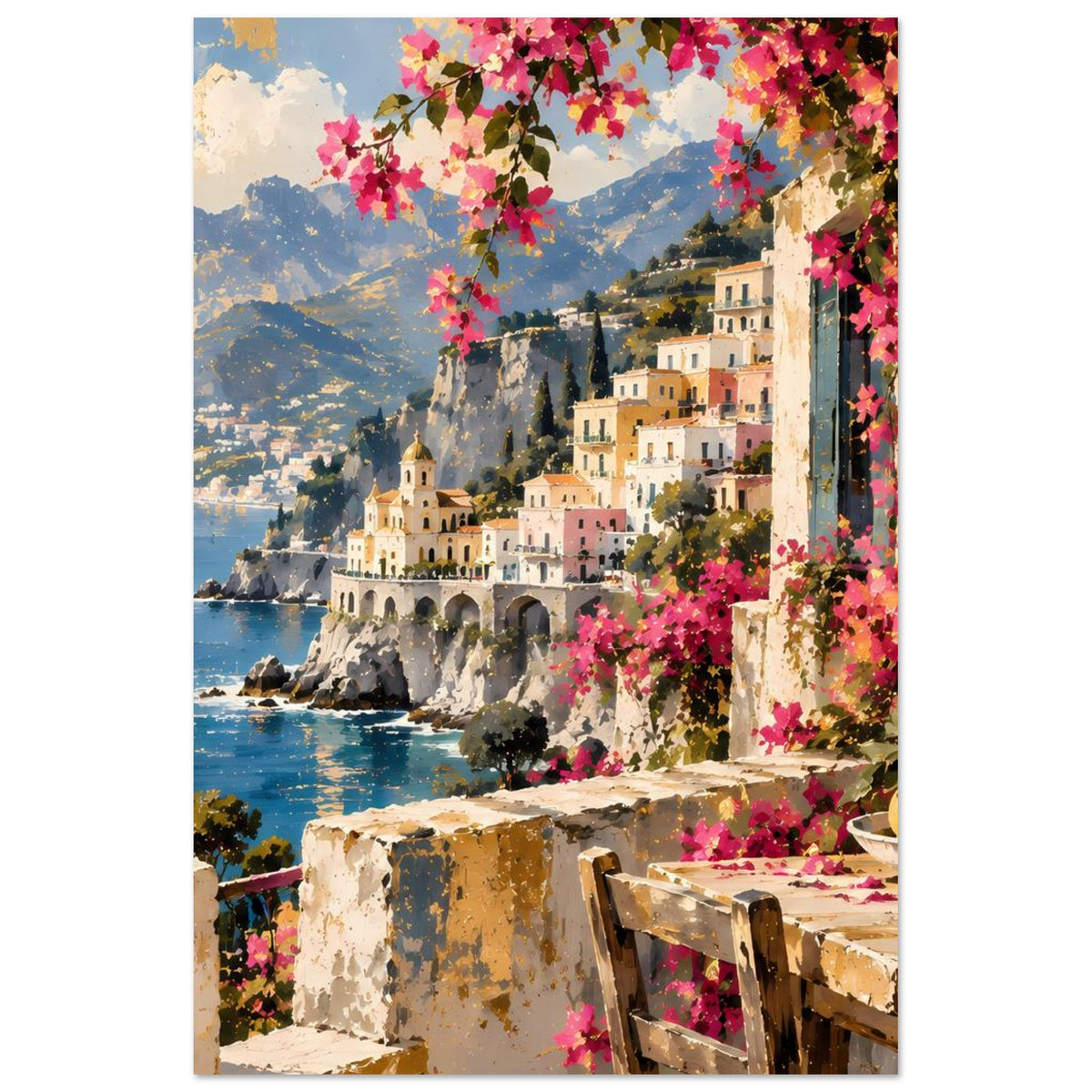 Hochformat-Poster mit Küstenpromenade, weißen Häusern, türkisfarbenem Meer und pinken Blüten
